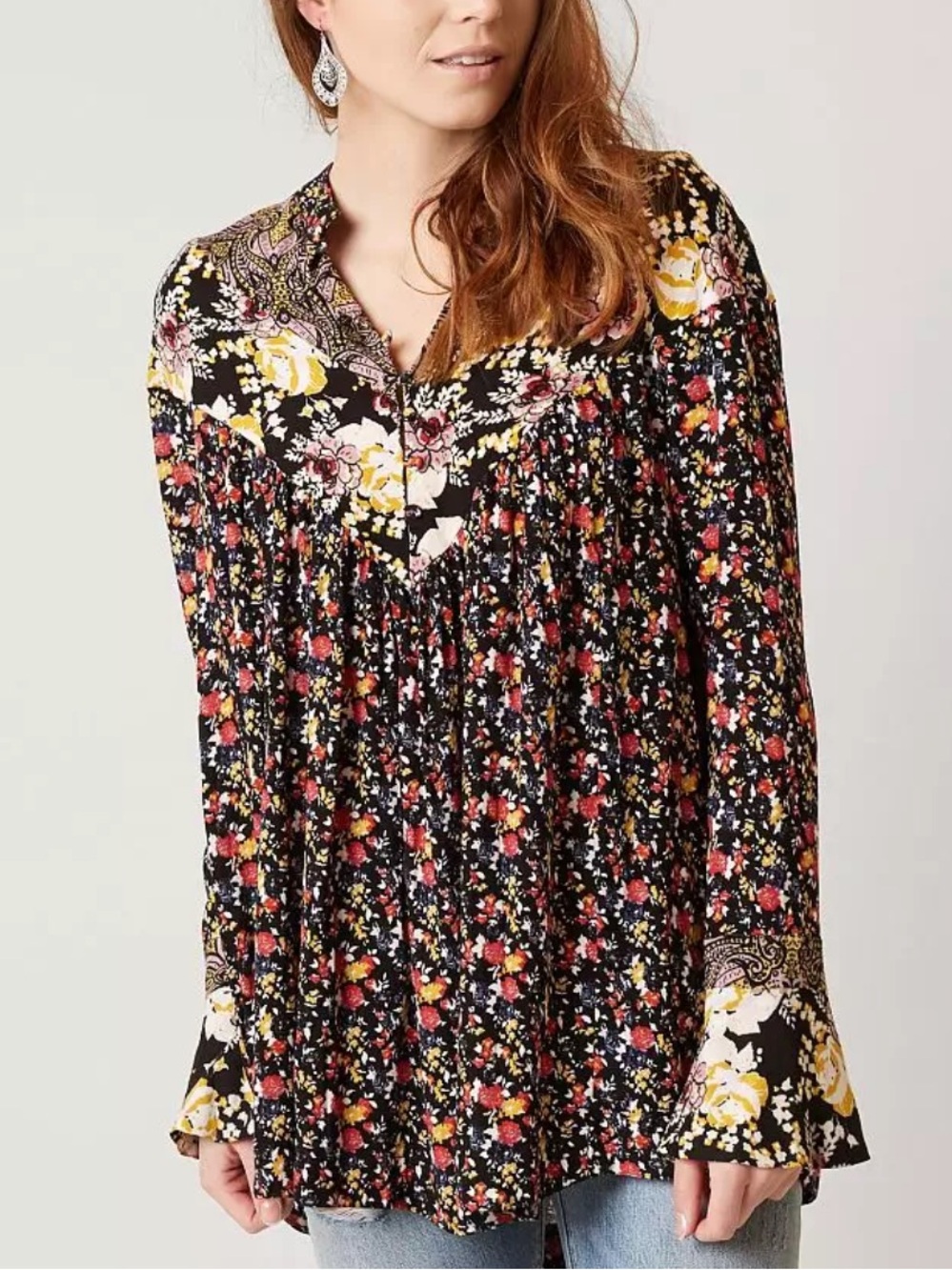 Free People Women's Wildflower Fields Henley Top in Black Size Small Bohemian